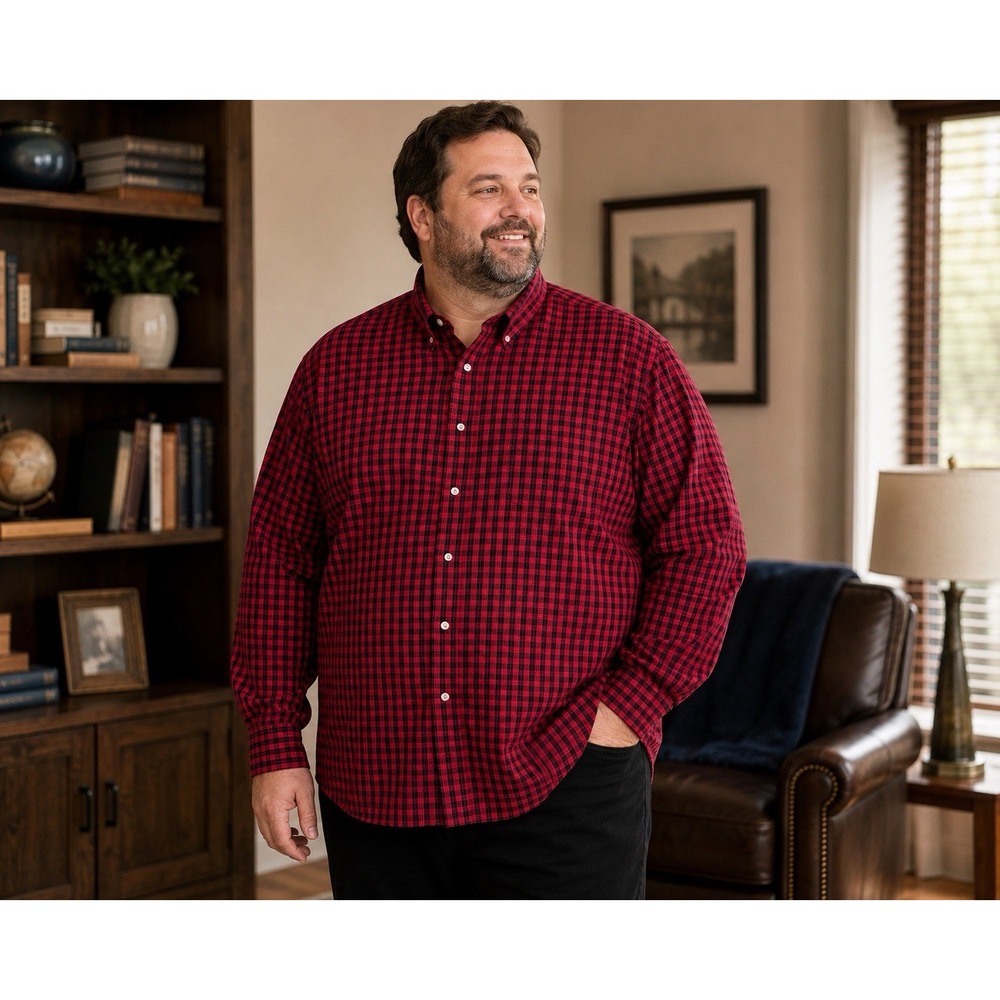 Oak Hill Men's 5XLT Red Navy Plaid Long Sleeve Button Down Shirt 100% Cotton